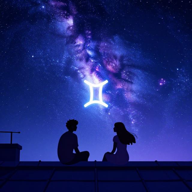 双子座与水瓶座在星空下背靠背仰望星云，紫蓝色调梦幻氛围，现代治愈系插画风格