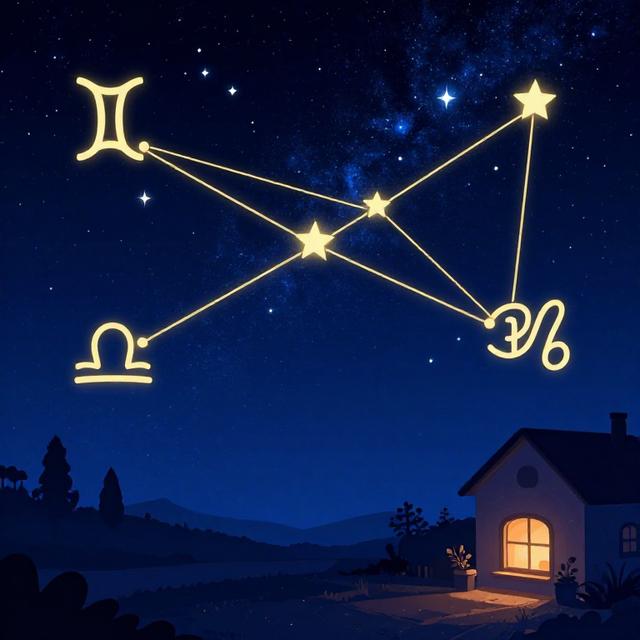 星空中双子座与水瓶座、天秤座的金色星线相连，背景是深蓝色宇宙和温馨的居家剪影，梦幻治愈风格插画
