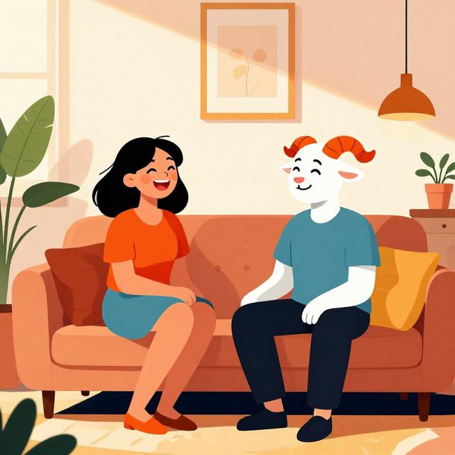 阳光明媚的客厅里，双子座女孩与白羊座男孩在沙发上大笑聊天，色彩明快的现代治愈系插画