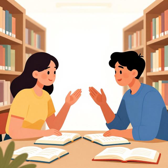 一对年轻情侣在图书馆面对面坐着，中间摊开多本打开的书籍，两人手势生动地交流，明亮清新的现代插画风格，象征智力层面的情感连接