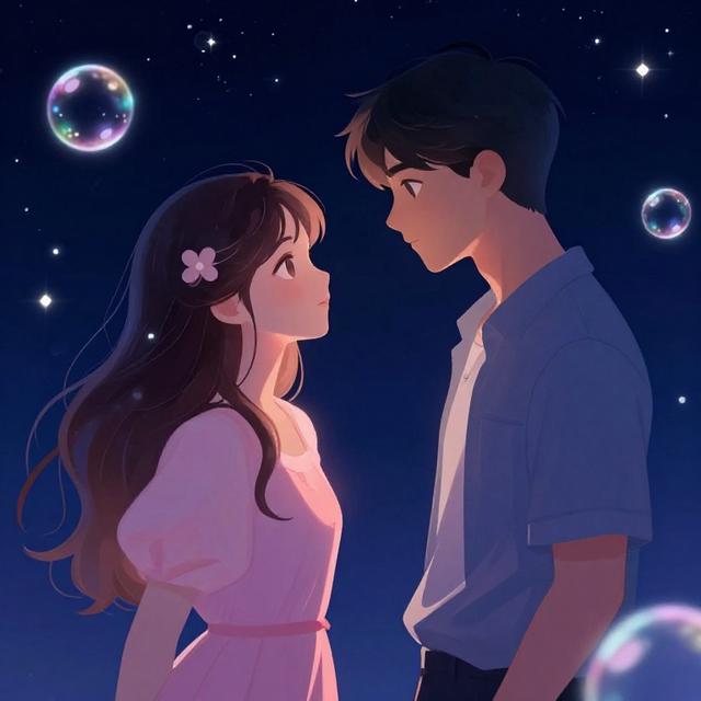 一位温柔的双鱼座女孩与灵动的双子座男孩在梦幻星空下对视，周围漂浮着发光的泡泡，浪漫唯美风格插画