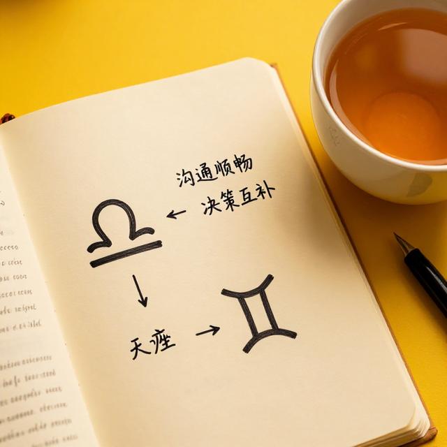 一张手写的星座关系分析笔记，上面画着天秤座和双子座的符号，用箭头标注“沟通顺畅”“决策互补”，旁边放着一杯热茶，暖黄色调，安静书桌场景