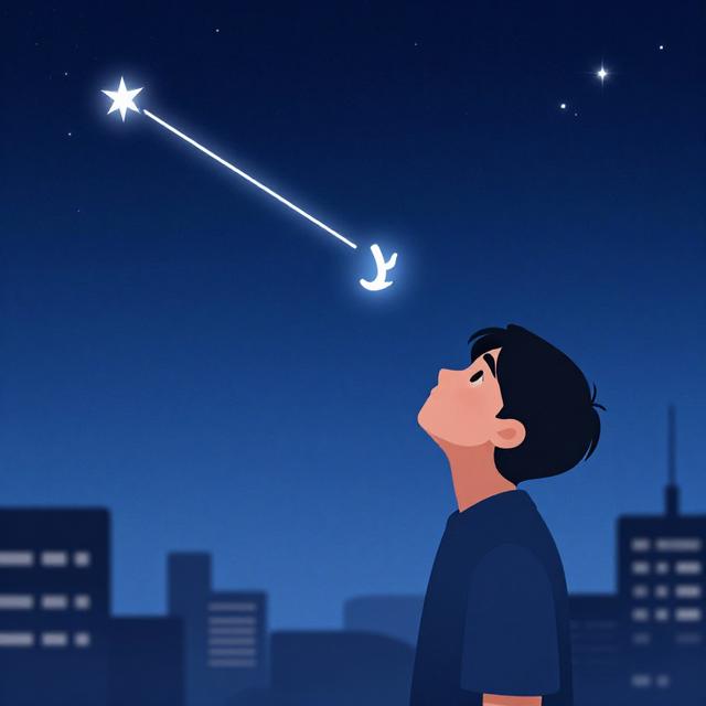 金牛座人物仰望星空，星空中有水星和逆行符号，背景是柔和的蓝色夜空与城市剪影，插画风格宁静且富有知识感