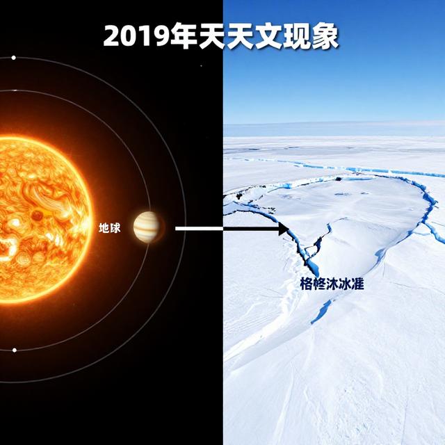 2019年天文现象对比图：左侧是太阳系行星轨道运行示意图，标注地球与水星的位置关系；右侧是格陵兰冰盖融化实景照片，中间以时间轴连接，科普纪录片风格