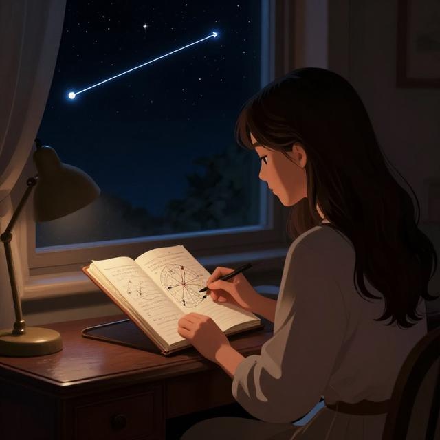 一位处女座女性坐在复古书桌前，面前摊开一本星盘笔记本，窗外是夜空和水星逆行的光晕轨迹，细腻治愈系数字插画风格