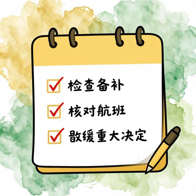 一张清单式插画：金牛座手持笔在日历上勾选“检查备份”“核对航班”“暂缓重大决定”，背景是柔和水墨晕染的金色和绿色
