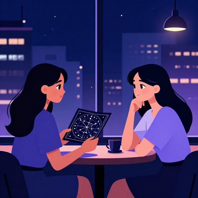 两位年轻女性坐在咖啡馆窗边交谈，窗外是城市夜景，一人手持星座星盘图，另一人表情若有所思，现代都市插画风格，蓝紫色调