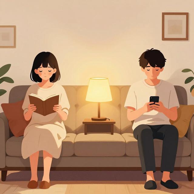 一对情侣坐在客厅沙发两端，各自安静看书或玩手机，中间隔着一盏温暖台灯，舒适而独立的相处氛围，日系清新风格插画