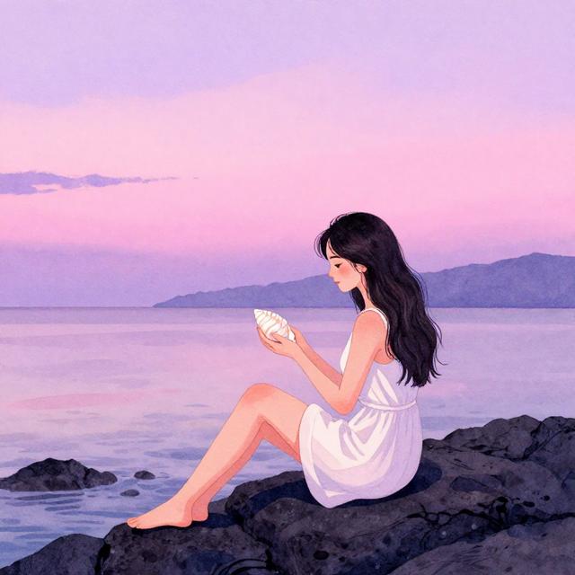一位双鱼座气质的年轻女性独自坐在海边黄昏的礁石上，手中握着贝壳，远处是粉紫色渐变天空，水彩插画风格，色调柔和梦幻
