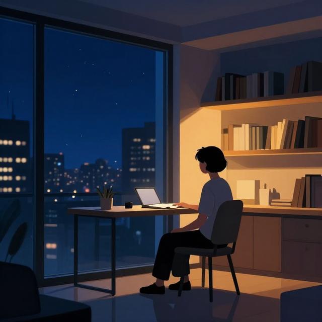 一位水瓶座风格的人物独自坐在现代感玻璃书房中，窗外是城市夜景，室内暖光与室外冷蓝形成对比，独立而宁静的氛围，插画风格