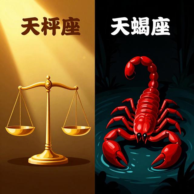 天秤座与天蝎座性格对比概念图，左边是金色天平与温暖的阳光，右边是暗红色蝎子与幽暗的湖水，神秘对比风格插画