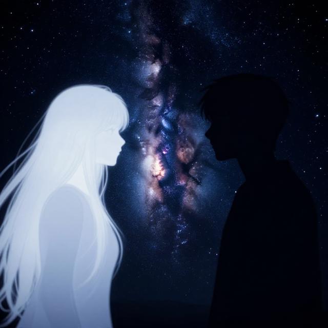 天秤座与天蝎座在星空下对望，中间隔着一条银河，一侧明亮轻盈一侧深邃暗涌，梦幻写实风格