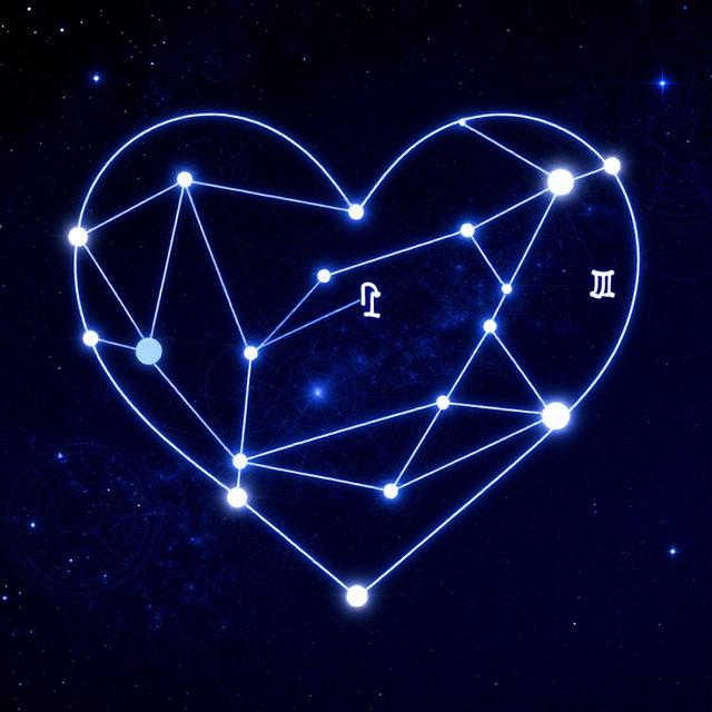 星空中天蝎座与天秤座的星图连线交织，形成心形轮廓，其中金星和冥王星的位置被高亮，赛博朋克风格与星宿图结合的数字艺术