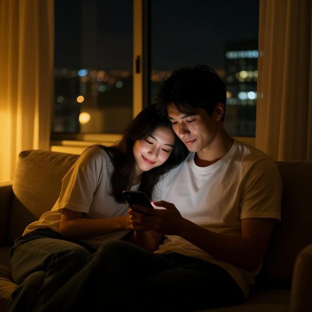 一对情侣坐在沙发上，女生靠男生肩膀看手机，窗外是城市夜景，暖黄色灯光，温馨治愈风格摄影