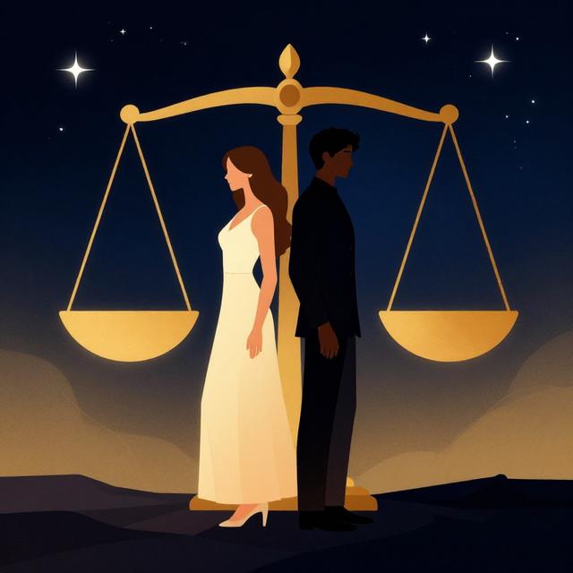 优雅的天秤女与深沉的天蝎男背对背站在天平与深渊的交界处，星空背景，冷暖色调对比强烈的唯美插画