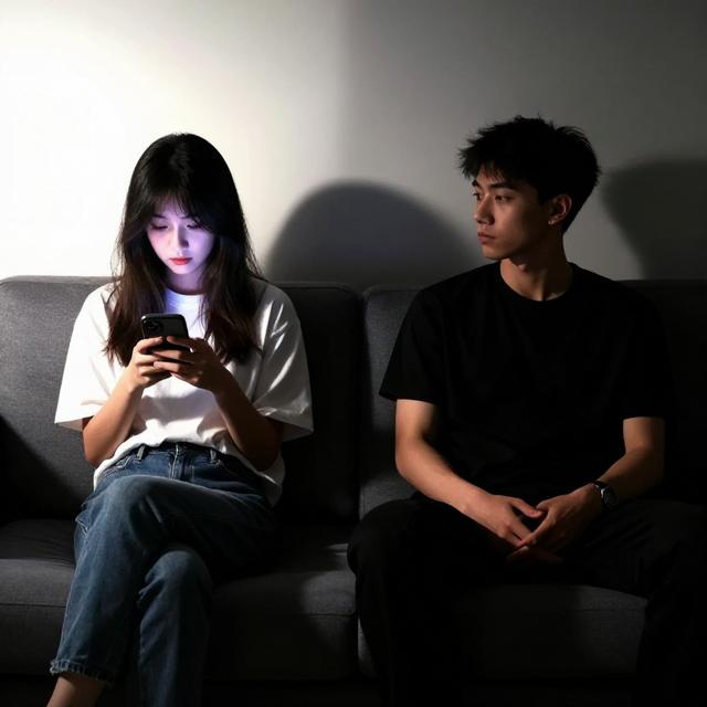 天秤座女生和天蝎座男生坐在沙发的两端，女生看着手机社交界面，男生沉默注视，房间光线一半明亮一半昏暗，对比强烈，现代写实风格