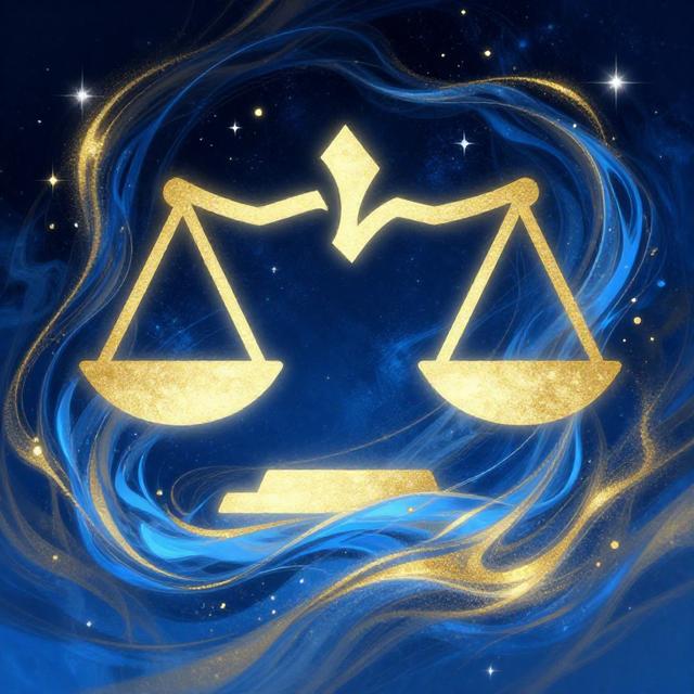 天秤座与天蝎座星座符号交织融合的抽象图案，蓝色水流与金色微风吹过星空，梦幻治愈风格数字艺术