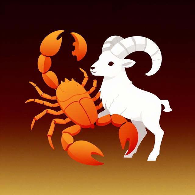 天蝎座蝎子符号与白羊座公羊符号交缠在一起，背景是深红色与金色的渐变，有一种力量与情感交织的感觉，现代扁平化风格