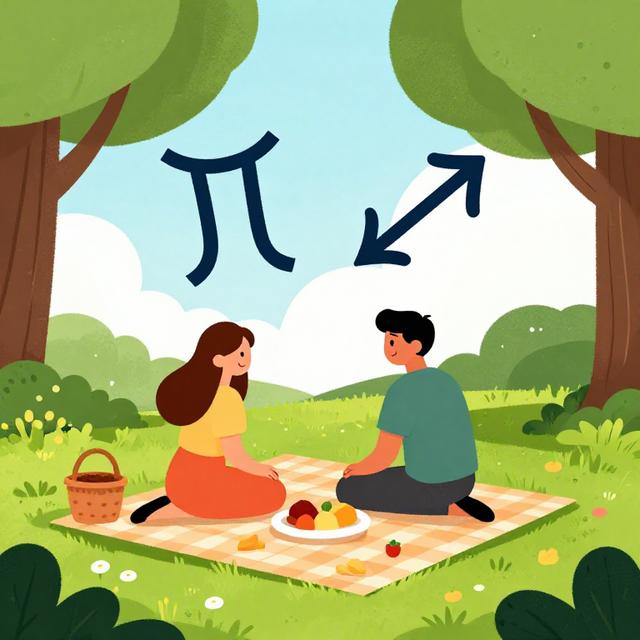 一对情侣在户外野餐，双子座标志和射手座弓箭标志悬浮在树影之间，明亮活泼的插画风格，阳光明媚的色调