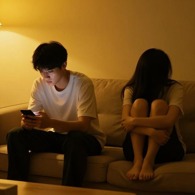 一对情侣坐在客厅沙发两端，男生低头看手机神情疲惫，女生抱膝凝视他背影，暖黄色灯光下气氛微妙，写实情感插画