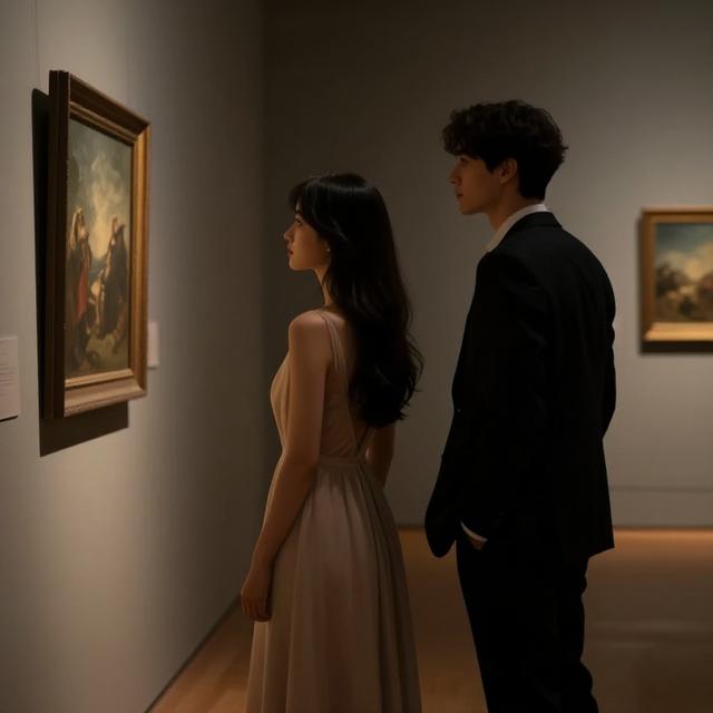 一位穿着优雅浅色长裙的天秤座女生与一位穿深色西装的天蝎座男生在美术馆并肩看展，灯光柔和，氛围神秘又浪漫，电影质感插画