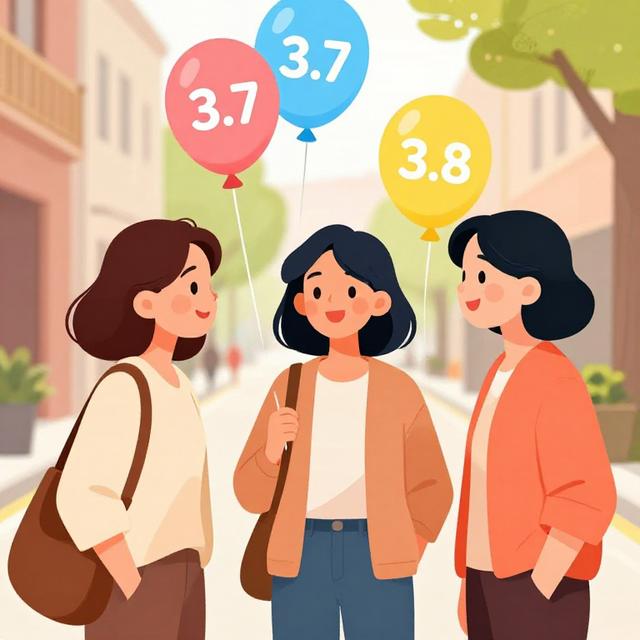 三位不同年龄的女性在春日街头微笑交谈，背景有“3.7”和“3.8”两个日期气球飘浮，温暖明亮的插画风格
