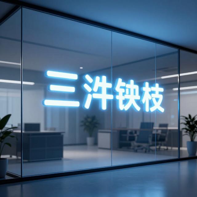 现代极简风格的生物科技公司办公室，透明玻璃墙上写着发光的三字公司名称，冷蓝色科技光效，3D渲染风格