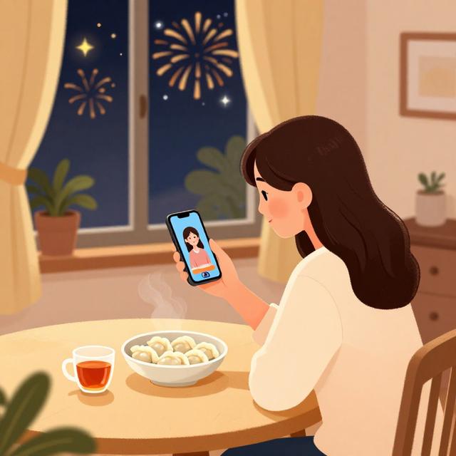 一位年轻女性独自在公寓餐桌前与手机视频通话，桌上摆着一碗饺子和一杯茶，窗户外有烟花，温暖治愈的插画风格