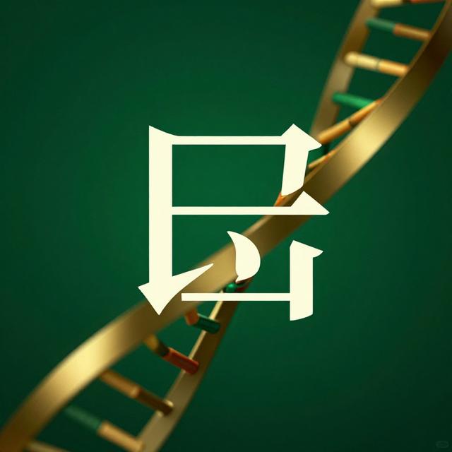 一张极具设计感的三字公司名称排版海报，背景是DNA双螺旋结构的微距摄影，深绿色与金色交织，极简商务风格