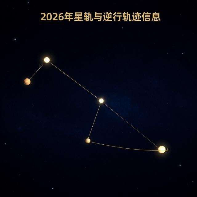 2026年行星轨道与逆行轨迹信息图，金色线条连接星空中的行星符号，深蓝色宇宙背景，科幻星图风格
