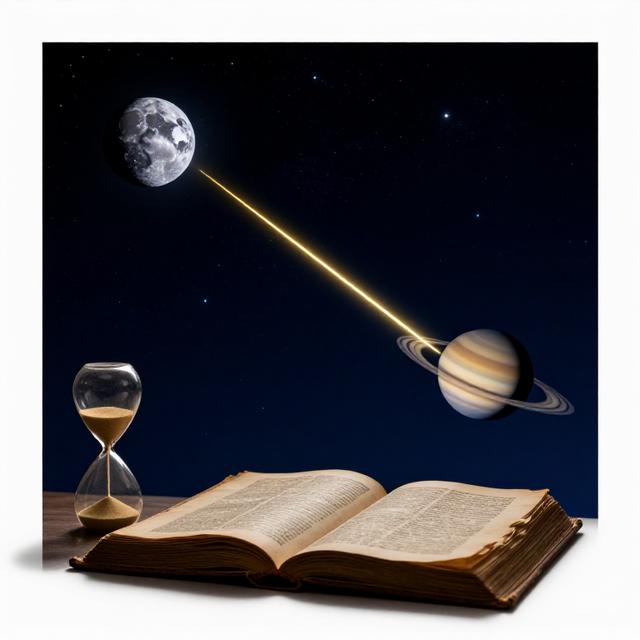 深蓝色星空背景下，水星与土星呈60度角连线，金色光晕围绕，旁边有一本翻开的古籍与沙漏，神秘写实风格