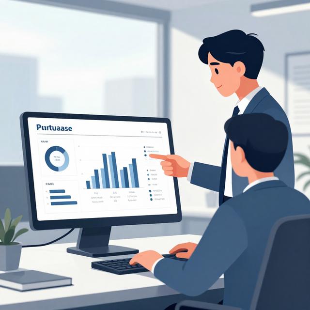 现代办公室内，一位职场人正在向严谨的上司展示结构化的PPT报表，窗外是阴天但室内光线明亮，冷色调写实插画风格
