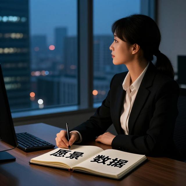 现代办公室中一位女性管理者凝视窗外城市夜景，桌上摊开的笔记本写着