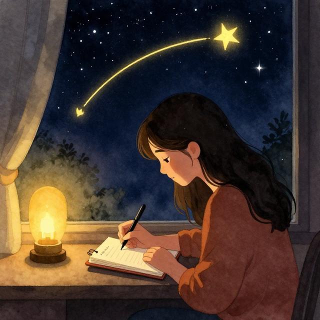 一位女性在温暖灯光下书写日记反思自我，背景是窗外的狮子座星空与逆行的金星轨迹，治愈系水彩插画风格