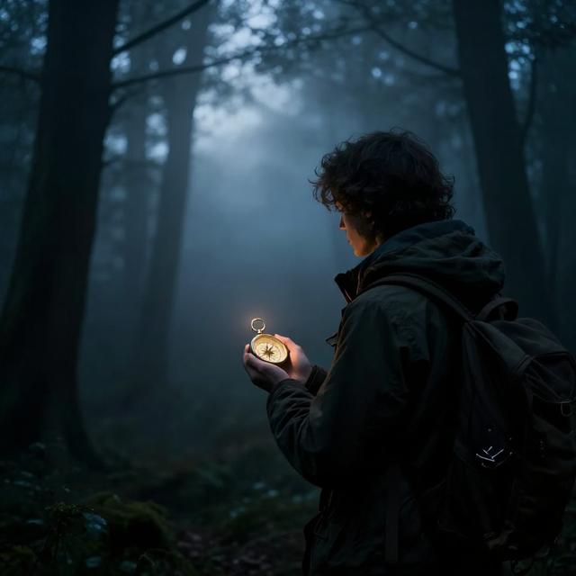 一位站在迷雾森林中的旅人，手持微弱发光的指南针，远处有朦胧的光穿透云层，神秘而略带忧郁的油画风格
