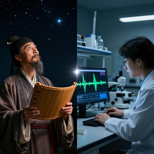 split-screen对比构图：左侧是古代学者手持《周公解梦》竹简仰望星象，右侧是现代心理学家在实验室分析脑电波数据，中间以发光恒星连接，新中式与科技融合风格