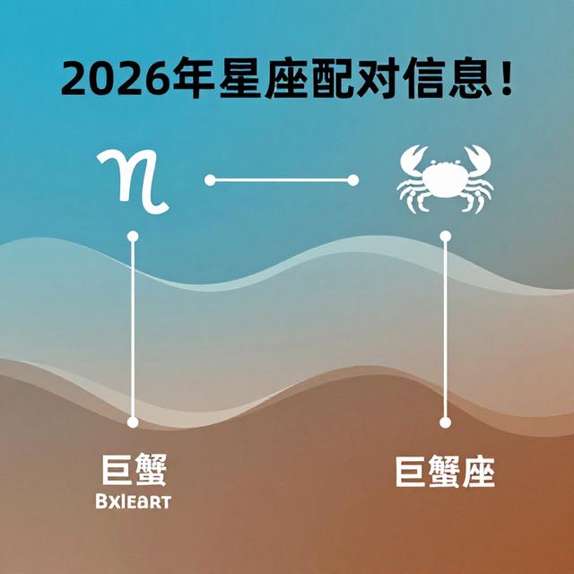 2026年处女座和巨蟹座星座配对信息图，两个星座符号被柔和的波浪线连接，背景是水蓝色和大地色渐变，现代简洁风格信息图设计