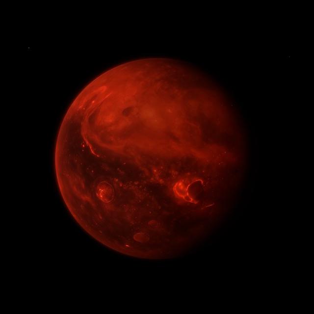 深红色火星球悬浮在深邃夜空中，表面坑洼纹理清晰可见，带有神秘微光的科幻治愈风格插画