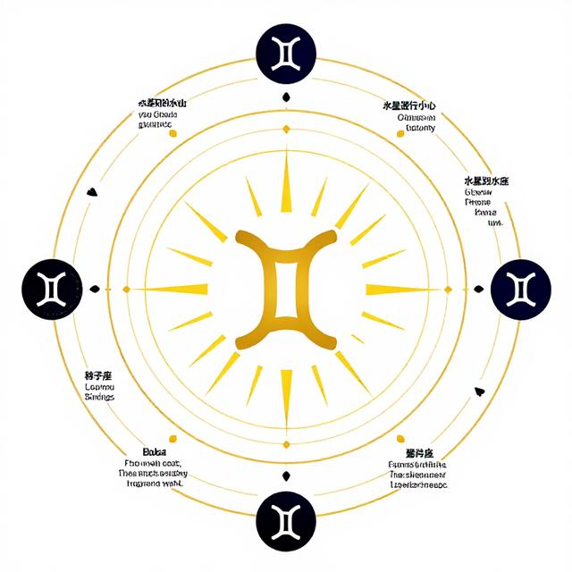 十二星座环绕的黄道带信息图，中央是双子座符号被金色光芒点亮，周围标注水星逆行前影警示标记，现代扁平化设计风格