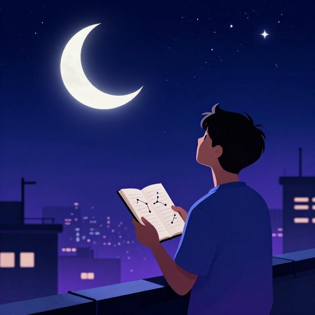 双子座新月夜空下的城市天台，一位年轻人手持笔记本仰望星空，笔记本上画着星座符号，蓝紫色调梦幻插画风格