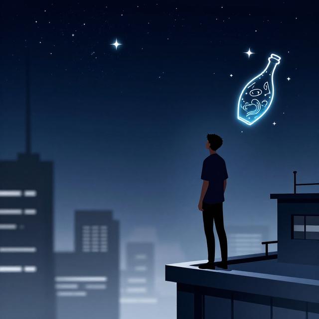 水瓶座星座插画，一个年轻人站在高楼天台上望向星空，身旁有发光的水瓶图案和流动的水元素，背景是抽象的未来城市剪影，蓝色和银色为主色调，现代极简风格