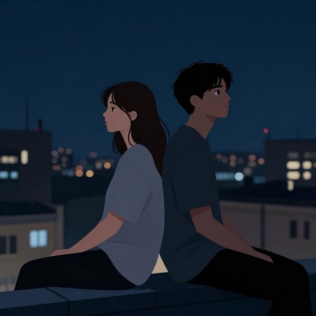 一对年轻男女背对背坐在城市天台边缘，夜空下各自望向不同方向，冷色调都市插画风格，人物表情隐忍克制