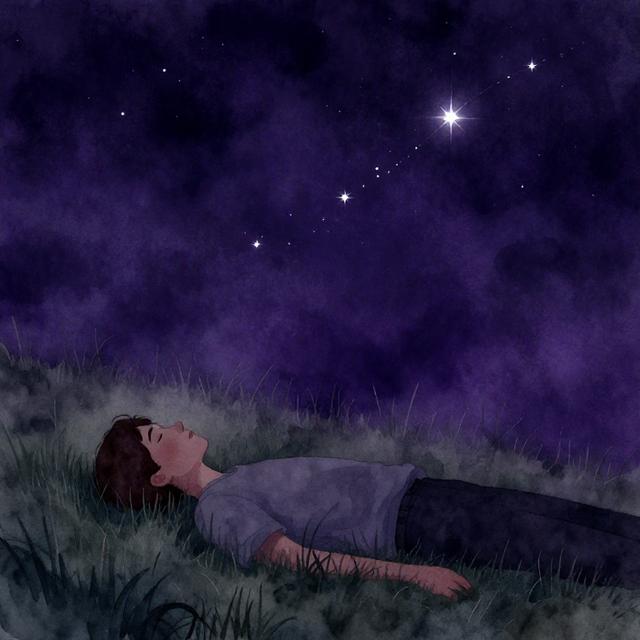 一位做梦者仰卧在草地上，仰望深紫色夜空中闪烁的恒星群，梦境与现实交叠的朦胧水彩风格插画