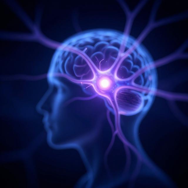 大脑神经元的抽象发光网络，中心区域呈现梦境般的朦胧人影，科学与神秘交织的蓝紫色调，数字艺术风格