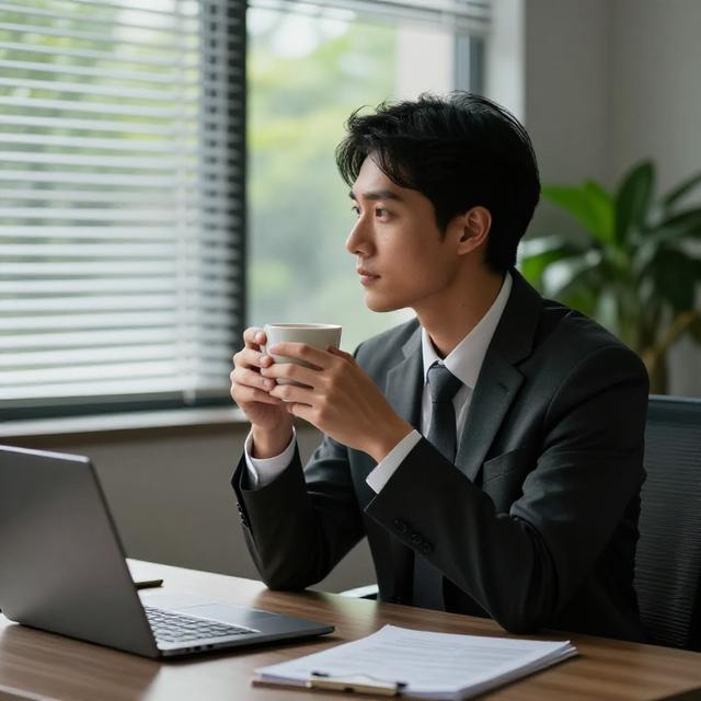 一位穿着现代商务装的属牛人坐在整洁的办公桌前，双手握着温热茶杯，望向窗外绿植沉思，柔和的午后光线从百叶窗透入，写实摄影风格。