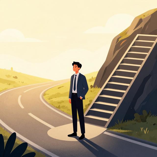 一位穿着现代职业装的年轻人站在分岔路口，一条路是平坦的阳光大道，另一条是充满挑战的登山阶梯，治愈系温暖光影插画风格