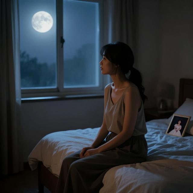 一位已婚女性独自坐在卧室床边，窗外是朦胧的月光，床头放着结婚照，画面色调偏冷暖对比，写实风格插画
